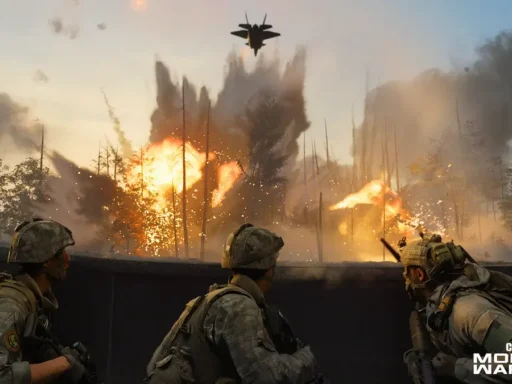 Trei soldați în echipament de camuflaj privesc o explozie uriașă, cu un avion de luptă deasupra, în Call of Duty Modern Warfare 4