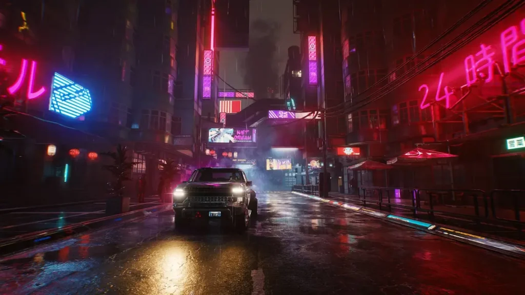 Cyberpunk 2077 neon street in Night City