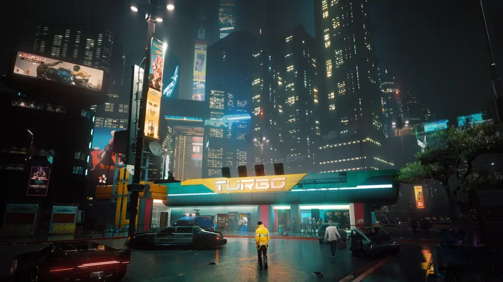 Cyberpunk 2077 Night City noaptea, benzinăria Turbo