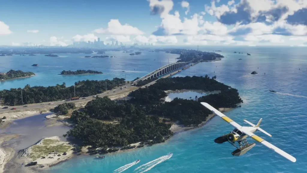 Seaplane flying over the islands in GTA 6, with a bridge leading to Vice City and the city skyline in the distance