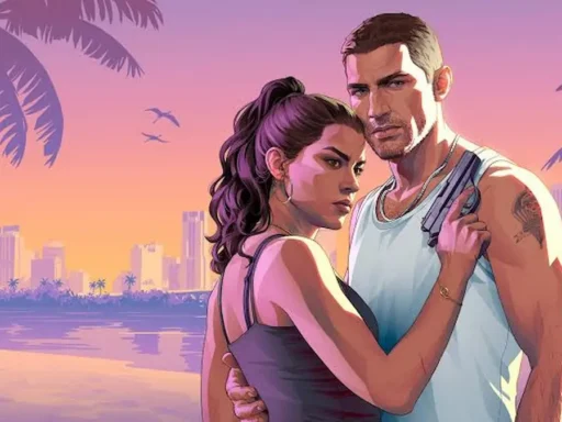 Lucia și Jason din GTA 6 îmbrățișați pe malul apei, cu palmieri și skyline-ul din Vice City la apus