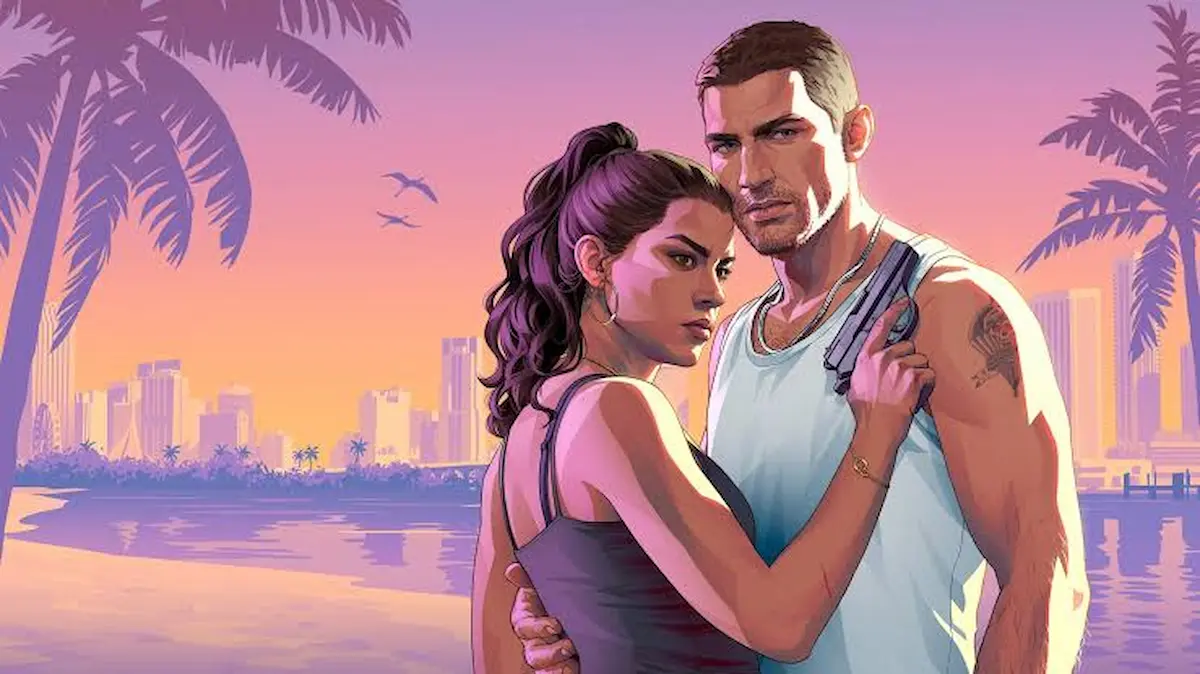Lucia și Jason din GTA 6 îmbrățișați pe malul apei, cu palmieri și skyline-ul din Vice City la apus