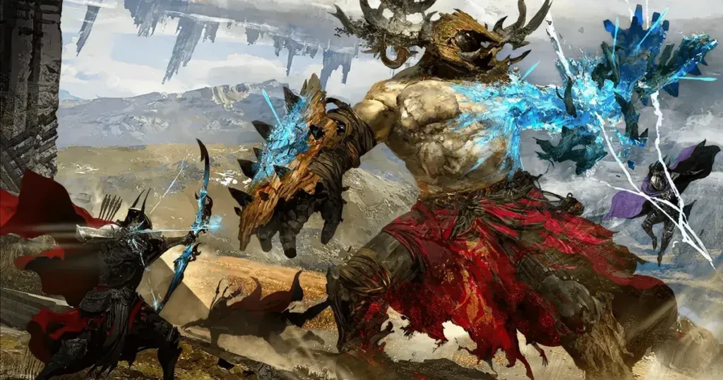 Guild Wars 3 combat concept art showing an archer and a fighter battling a giant with a crystal covered arm in a mountain landscape