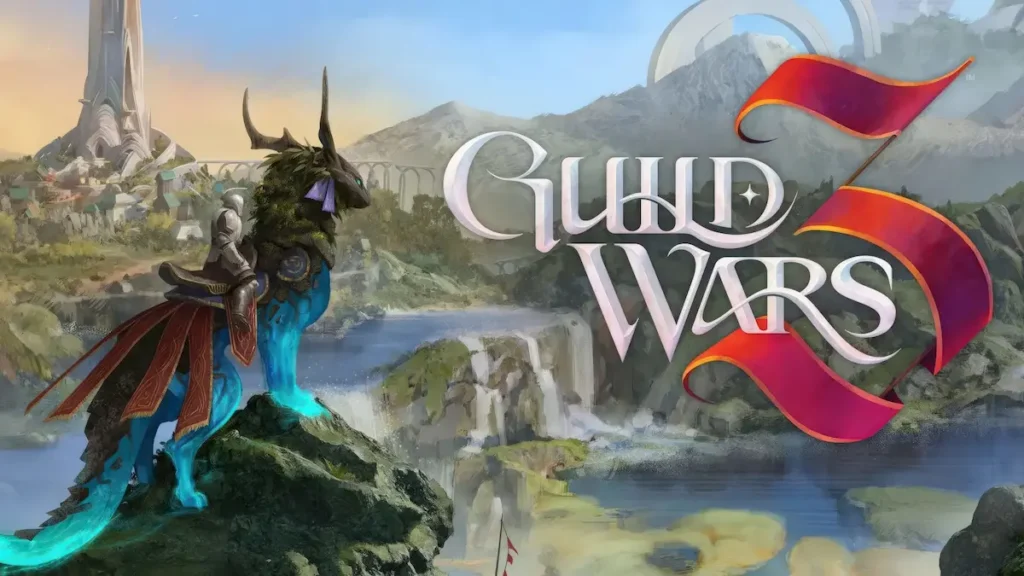 Guild Wars 3 key art showing an armored Vaelwarden riding a Seeker mount on a cliff above a waterfall in ancient Orr