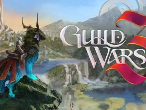 Guild Wars 3 key art showing an armored Vaelwarden riding a Seeker mount on a cliff above a waterfall in ancient Orr