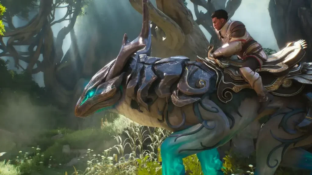 Guild Wars 3 Seeker spirit mount carrying an armored rider through a sunlit forest in Orr